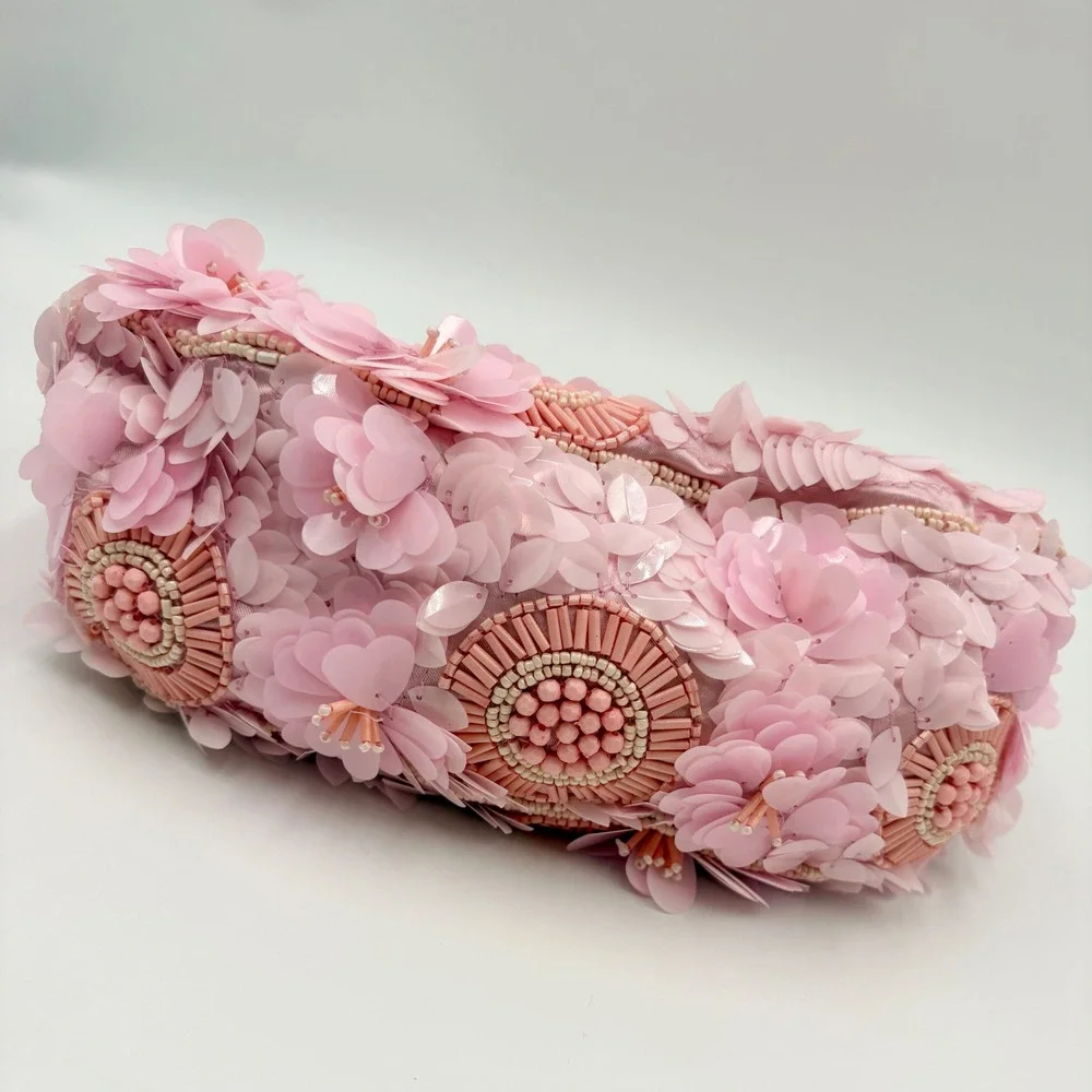 Handcrafted in India Pink 3D Sequin Flower Beaded Hobo Bag Evening Top Handle